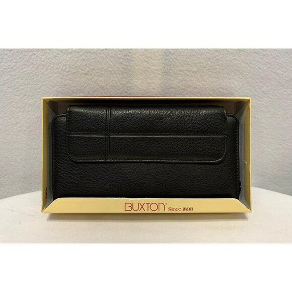 NEW Buxton Wallet Leather Black Ensemble Clutch Multiple Pockets Zip Closure - Picture 1 of 12